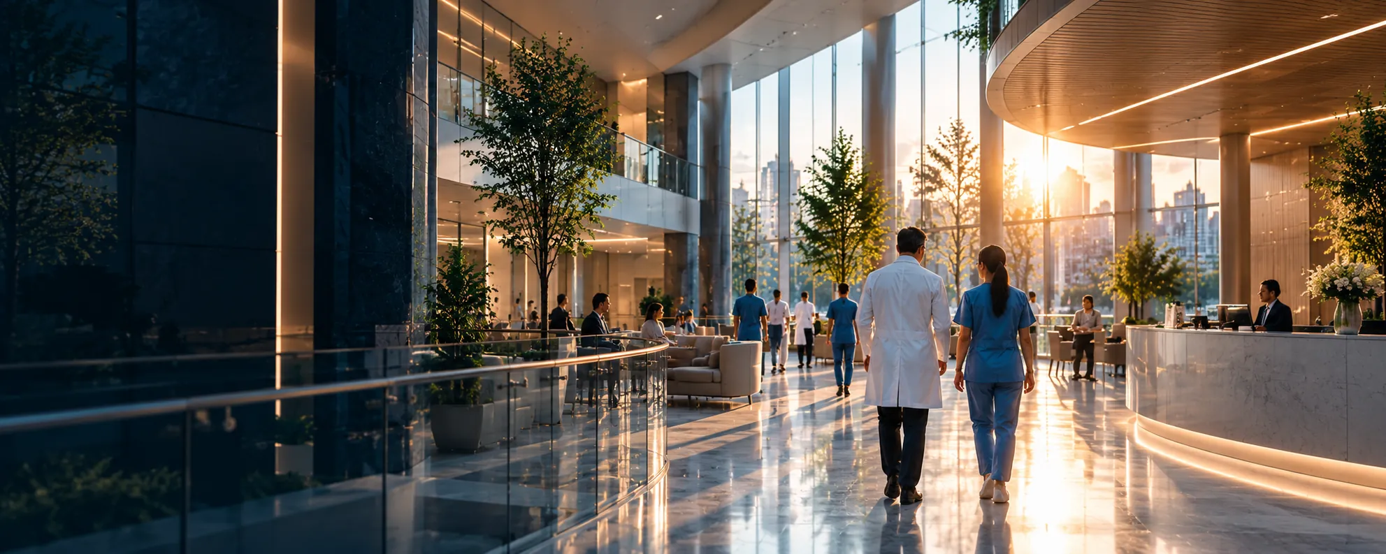 Sunlit contemporary hospital atrium with floor-to-ceiling windows and healthcare staff walking through