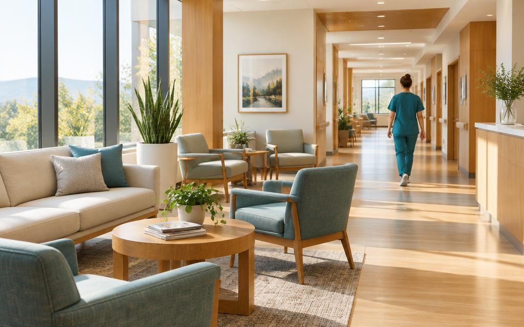 Bright outpatient clinic waiting area and corridor