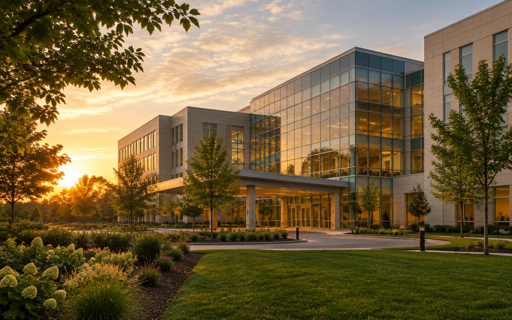 Contemporary hospital building at golden hour