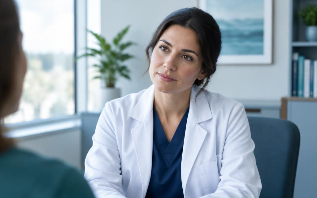Physician in a white coat listening during a conversation